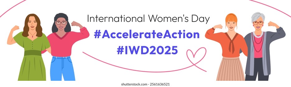 Accelerate Action campaign pose. International Women's Day 2025 theme banner with slogan. Different women demonstrate strong arm to show solidarity and support for women's rights, gender equality.