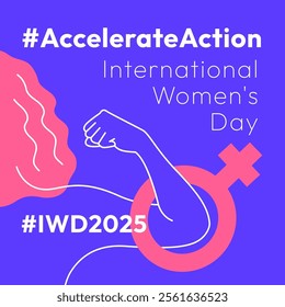 Accelerate Action campaign pose. International Women's Day 2025. Outline woman doing strength gesture with arm to show solidarity and support for women's rights and gender equality. Square banner