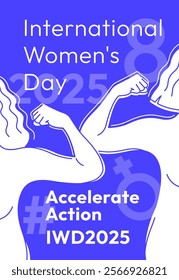 Accelerate Action campaign pose. International Women's Day 2025 poster. Outline women doing strength gesture with arm in solidarity and support for women's rights and gender equality. Linear banner