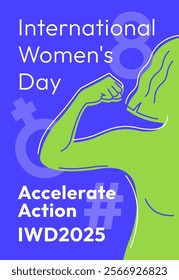 Accelerate Action campaign pose. International Women's Day 2025 poster. Stylized woman doing strength gesture with arm in solidarity and support for women's rights and gender equality. Linear banner