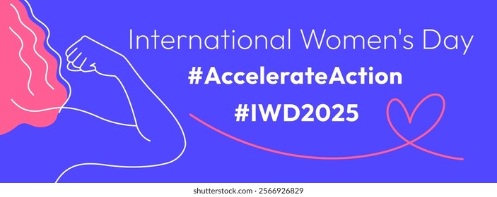 Accelerate Action campaign pose. International Women's Day 2025 theme. Horizontal banner. Outline woman shows strength gesture with arm in solidarity and support for women's rights, gender equality