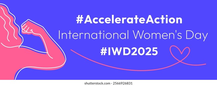 Accelerate Action campaign pose. International Women's Day 2025 theme. Horizontal banner. Outline woman shows strength gesture with arm in solidarity and support for women's rights, gender equality