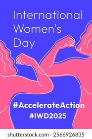 Accelerate Action campaign pose. International Women's Day 2025 poster. Outline women doing strength gesture with arm in solidarity and support for women's rights and gender equality. Linear banner