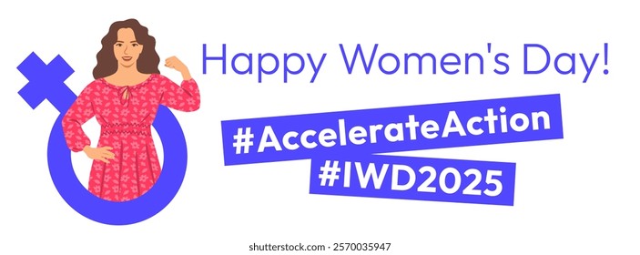 Accelerate Action campaign pose. International Women's Day 2025 horizontal theme banner. Beautiful woman demonstrates a strong arm to show solidarity and support for women's rights and gender equality