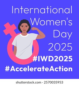 Accelerate Action campaign pose. International Women's Day 2025 square theme banner. Black woman demonstrates a strong arm to show solidarity and support for women's rights and gender equality.