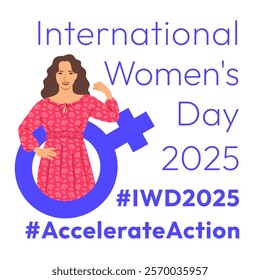 Accelerate Action campaign pose. International Women's Day 2025 square theme banner. Beautiful woman demonstrates a strong arm to show solidarity and support for women's rights and gender equality