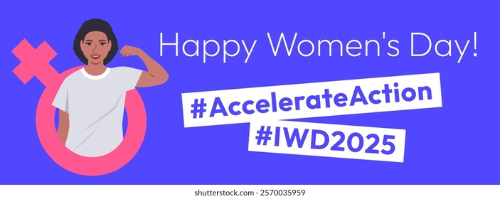 Accelerate Action campaign pose. International Women's Day 2025 horizontal theme banner. Black woman demonstrates a strong arm to show solidarity and support for women's rights and gender equality.