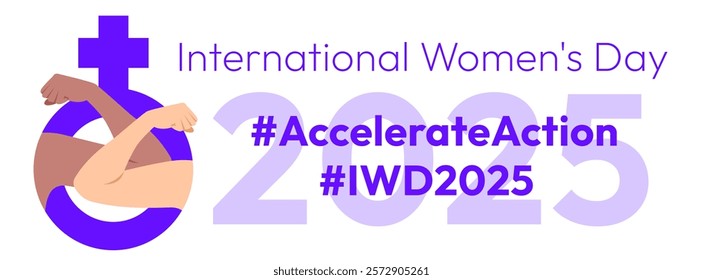 Accelerate Action campaign pose. International Women's Day 2025 banner. Strong hands with clenched fist inside female gender sign show solidarity and support for women's rights and gender equality.