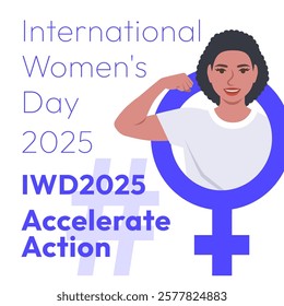 Accelerate Action campaign pose. International Women's Day 2025 square theme banner. Black woman demonstrates a strong arm to show solidarity and support for women's rights and gender equality.