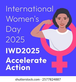 Accelerate Action campaign pose. International Women's Day 2025 square theme banner. Black woman demonstrates a strong arm to show solidarity and support for women's rights and gender equality.