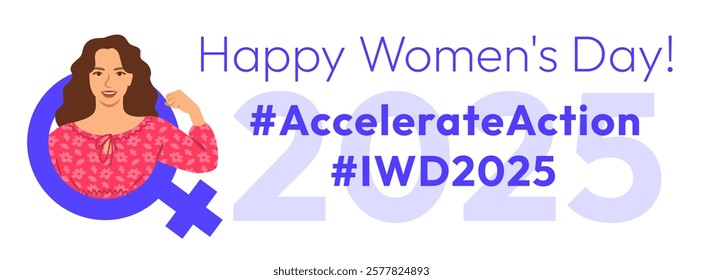 Accelerate Action campaign pose. International Women's Day 2025 horizontal theme banner. Beautiful woman demonstrates a strong arm to show solidarity and support for women's rights and gender equality