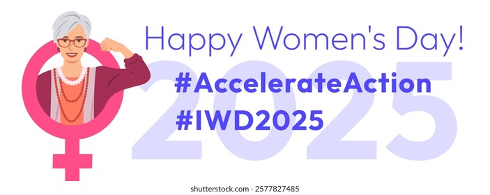 Accelerate Action campaign pose. International Women's Day 2025 horizontal theme banner. Mature woman demonstrates a strong arm to show solidarity and support for women's rights and gender equality.