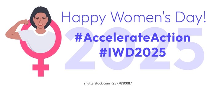 Accelerate Action campaign pose. International Women's Day 2025 horizontal theme banner. Black woman demonstrates a strong arm to show solidarity and support for women's rights and gender equality.