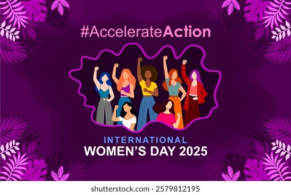 Accelerate Action Campaign Pose - International Women's Day 2025. A bold vector banner showcasing diverse women united against discrimination, symbolizing global activism for gender equality and women