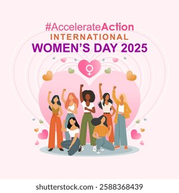 Accelerate Action Campaign Pose - International Women's Day 2025. A bold vector banner showcasing diverse women united against discrimination, symbolizing global activism for gender equality and women