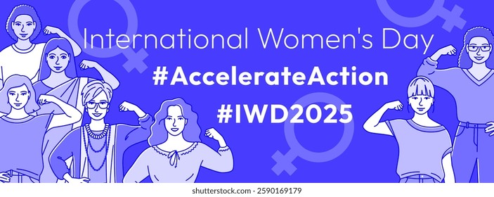 Accelerate Action campaign pose. International Women's Day 2025. Stylized hand drawn women show strong arm with clenched fist in solidarity and support in the fight for women's rights, gender equality