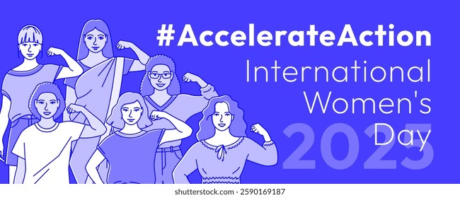 Accelerate Action campaign pose. International Women's Day 2025. Stylized hand drawn women show strong arm with clenched fist in solidarity and support in the fight for women's rights, gender equality