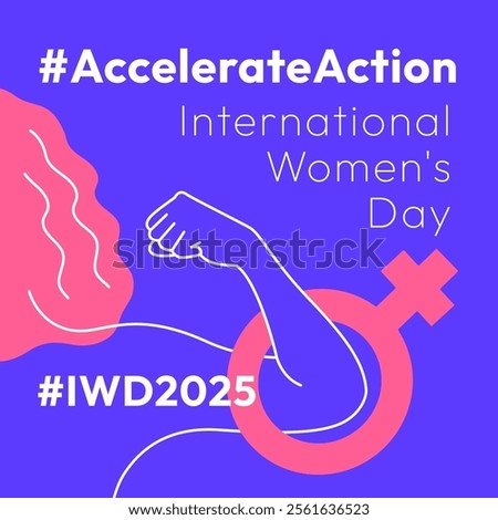 Accelerate Action campaign pose. International Women's Day 2025. Outline woman doing strength gesture with arm to show solidarity and support for women's rights and gender equality. Square banner