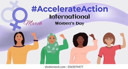 Accelerate Action campaign pose. Women united in empowerment on International Women's Day. Campaign concept 2025. March 8. #AccelerateAction message. Banner for awareness raising and equality advocacy