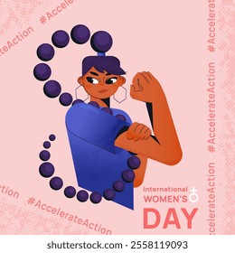 Accelerate Action concept illustration template design. International Women's Day 2025. Strong young woman showing biceps in pose of accelerate action. Vector illustration for March 8 in modern style