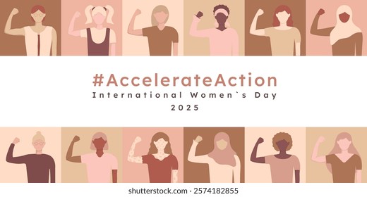 Accelerate Action geometric square banner template. International Women's Day 2025 background with diversity ladies. Different ethnicities ages skin color girl AccelerateAction hands strength