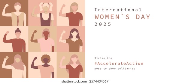 Accelerate Action geometric square banner template. Text Strike the AccelerateAction pose to show solidarity. International Women's Day 2025 background with diversity ladies. Girl show hands strength