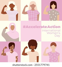 Ação #Accelerate. Dia Internacional da Mulher. Mulheres de diferentes etnias juntas. Faixa quadrada. 8 de março. Ilustração de vetor sem rosto.