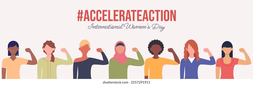 Accelerate Action International Women's Day horizontal banner. Women of different ethnicities in pose of accelerate action. Vector illustration