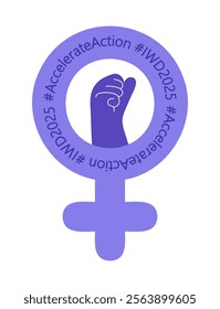 Accelerate action for International Women's day. IWD 2025 campaign slogan on purple Venus symbol with raised female fist. Feminism, empowerment and gender equality concept. Vector illustration