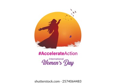 Accelerate action - International women's day concept poster. Woman sign illustration background. 2025 women's day campaign theme - #AccelerateAction