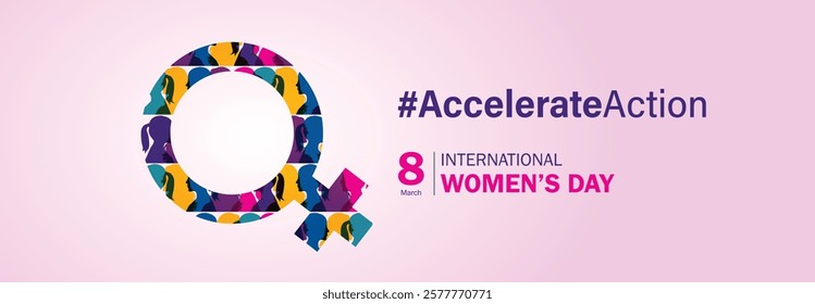 Accelerate action - International women's day concept poster. Woman sign illustration background. 2025 women's day campaign theme - #AccelerateAction