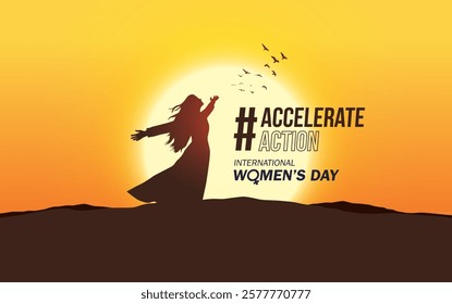 Accelerate action - International women's day concept poster. Woman sign illustration background. 2025 women's day campaign theme - #AccelerateAction