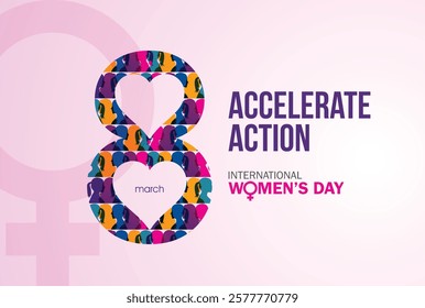 Accelerate action - International women's day concept poster. Woman sign illustration background. 2025 women's day campaign theme - #AccelerateAction