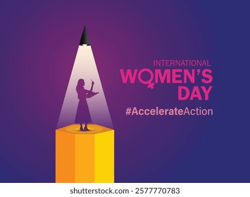 Accelerate action - International women's day concept poster. Woman sign illustration background. 2025 women's day campaign theme - #AccelerateAction