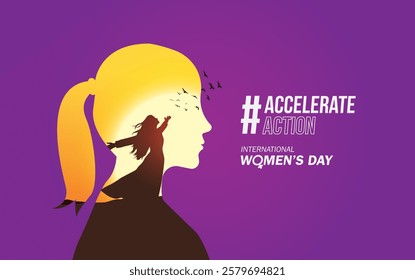 Accelerate action - International women's day concept poster. Woman sign illustration background. 2025 women's day campaign theme - #AccelerateAction