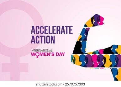 Accelerate action - International women's day concept poster. Woman sign illustration background. 2025 women's day campaign theme - #AccelerateAction