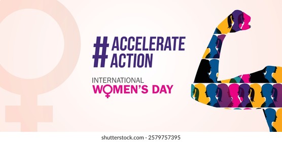 Accelerate action - International women's day concept poster. Woman sign illustration background. 2025 women's day campaign theme - #AccelerateAction