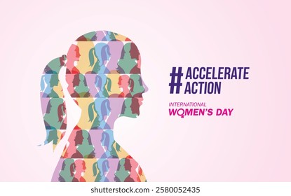 Accelerate action - International women's day concept poster. Woman sign illustration background. 2025 women's day campaign theme - #AccelerateAction