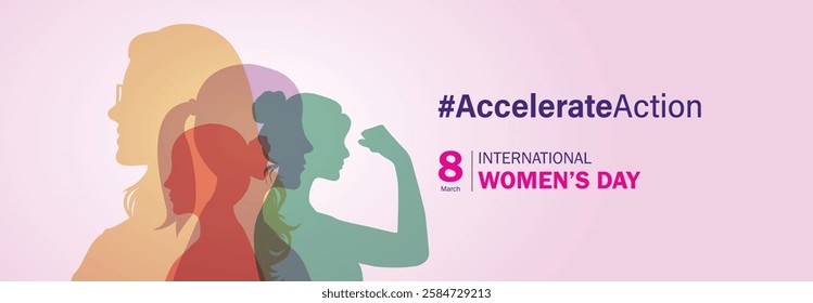 Accelerate action - International women's day concept poster. Woman sign illustration background. 2025 women's day campaign theme - #AccelerateAction