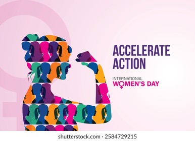 Accelerate action - International women's day concept poster. Woman sign illustration background. 2025 women's day campaign theme - #AccelerateAction