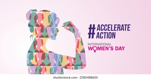 Accelerate action - International women's day concept poster. Woman sign illustration background. 2025 women's day campaign theme - #AccelerateAction