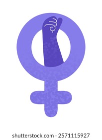 Accelerate action IWD 2025 campaign sign. Purple Venus symbol sticker with raised female fist for International Women's day. Feminism, empowerment and gender equality concept. Vector illustration