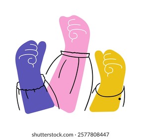 Accelerate action IWD 2025 campaign. Diverse female hands raised for International Women's day. Feminism, empowerment and gender equality concept. Vector illustration on transparent background