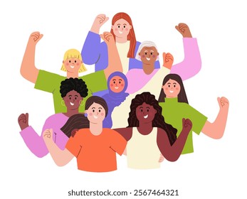 Accelerate action IWD 2025 concept. Diverse happy women with hands raised up with closed fists. International Women's day clip art. Modern flat vector illustration isolated on transparent background