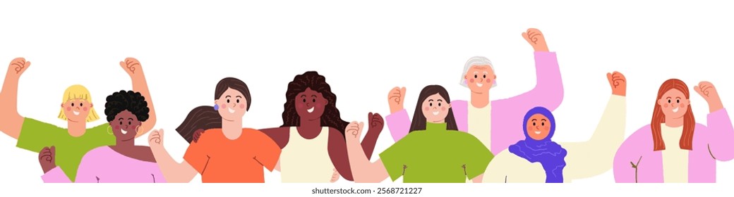 Accelerate action IWD 2025 concept with diverse happy women with hands raised up with closed fists. International Women's day Modern flat vector illustration isolated on transparent background