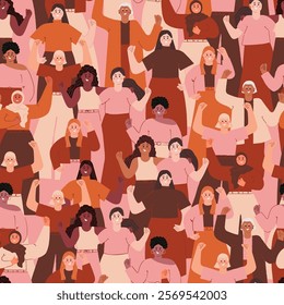 Accelerate action IWD 2025 seamless pattern. Diverse multicultural women with hands raised up with closed fists. International Women's day print in earthy tones. Modern flat vector illustration