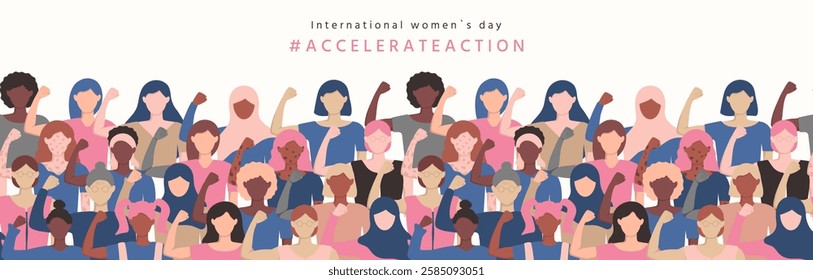 Accelerate action seamless banner. Diverse multicultural girls with hands raised up with closed fists. International Women's day border. Modern flat IWD 2025 template. AccelerateAction biceps up