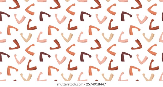 Accelerate Action seamless pattern with pose hands show strength. International Women's Day 2025 endless design. AccelerateAction diversity skin color arms. Minimalist background banner wallpaper