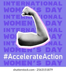 Accelerate action square banner for International Women's day. IWD 2025 campaign for women's equality. Modern retro mixed media vector illustration with halftone collage female cut out hand 