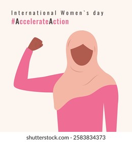 Accelerate Action Square poster template for International Women's Day 8 march with girl in hijab. Female hand show strength. AccelerateAction. IWD 2025 cover social media post card